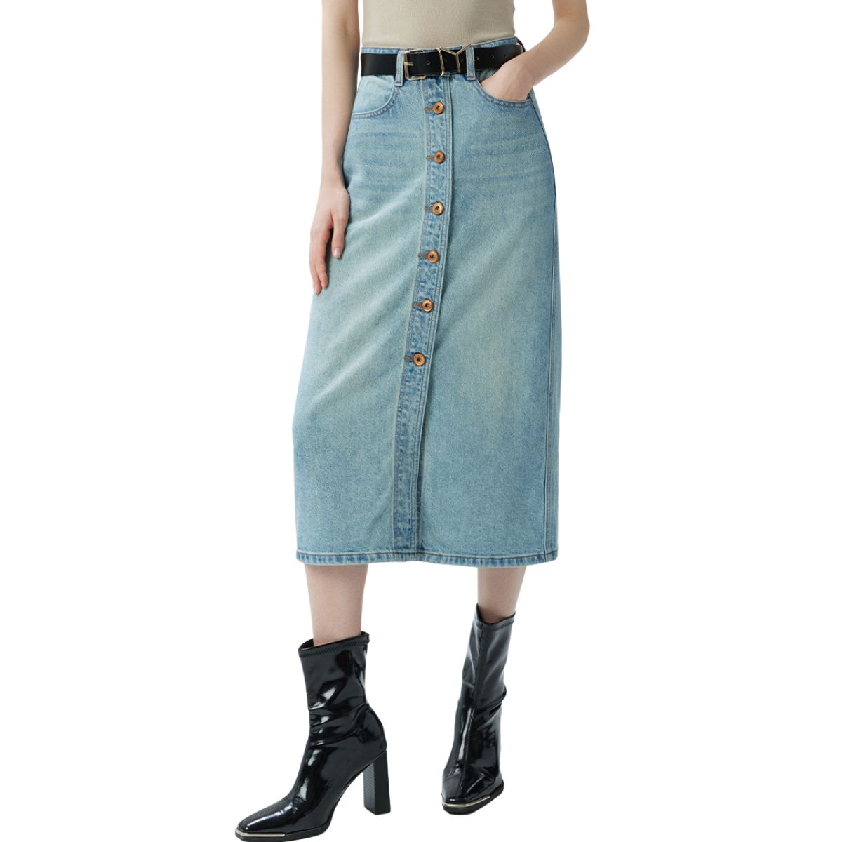 High-Rise Button-Front Denim Midi Skirt