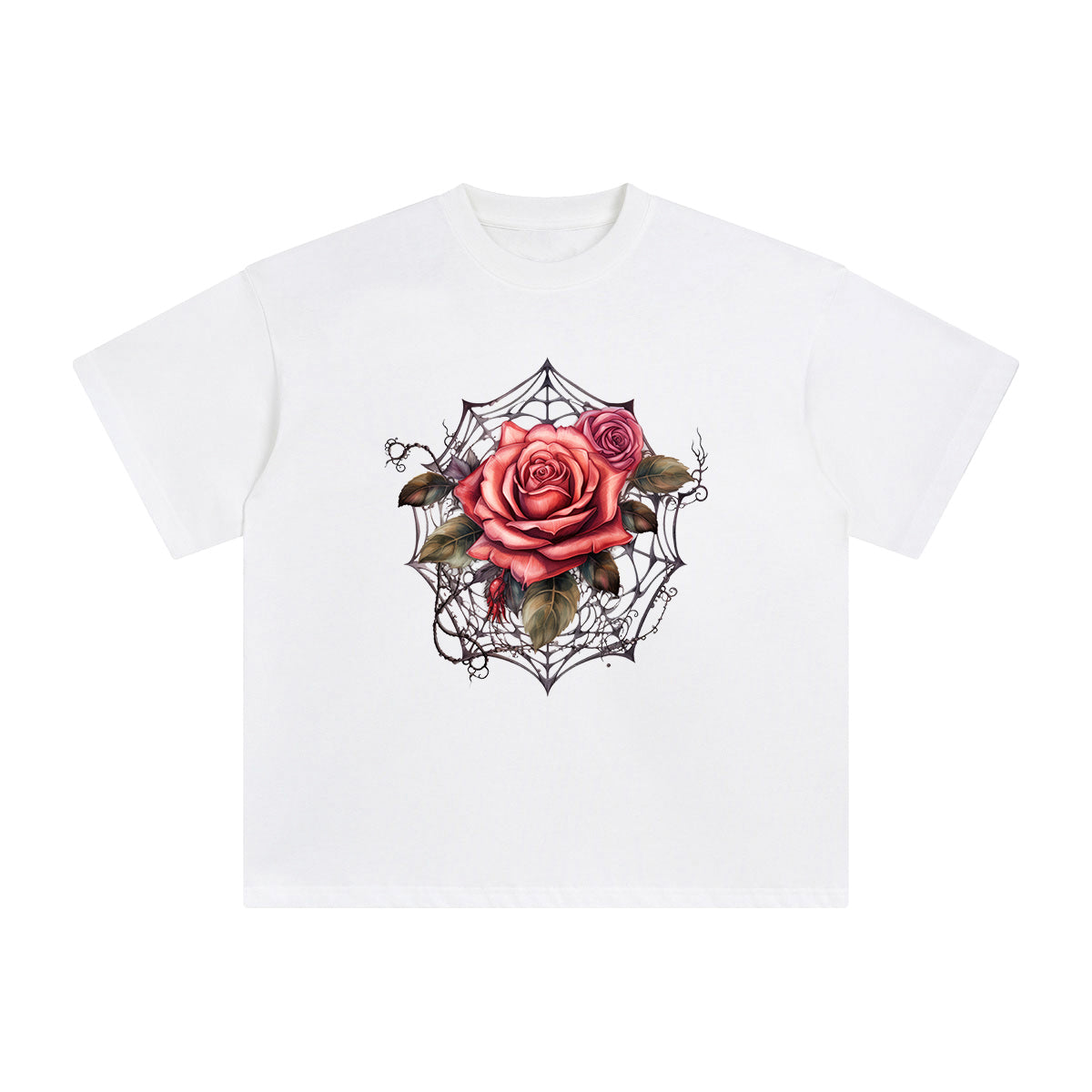 Gothic Spiderweb & Red Roses Graphic Tee-INNBLAC Fashion Apparel