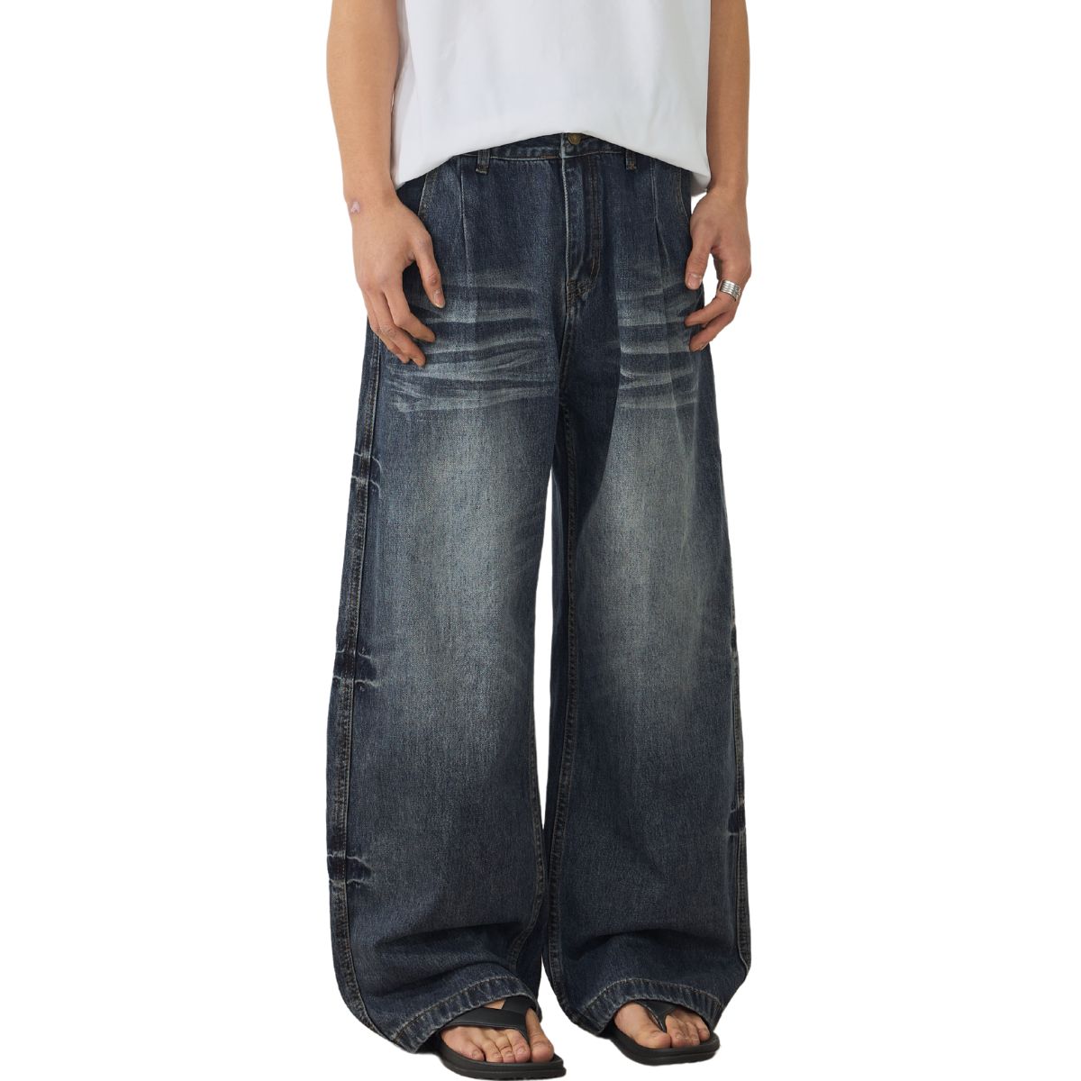 Washed Whiskers Barrel-Leg Denim Pants