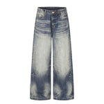 Washed Whiskering Wide Leg Vintage Denim Jeans