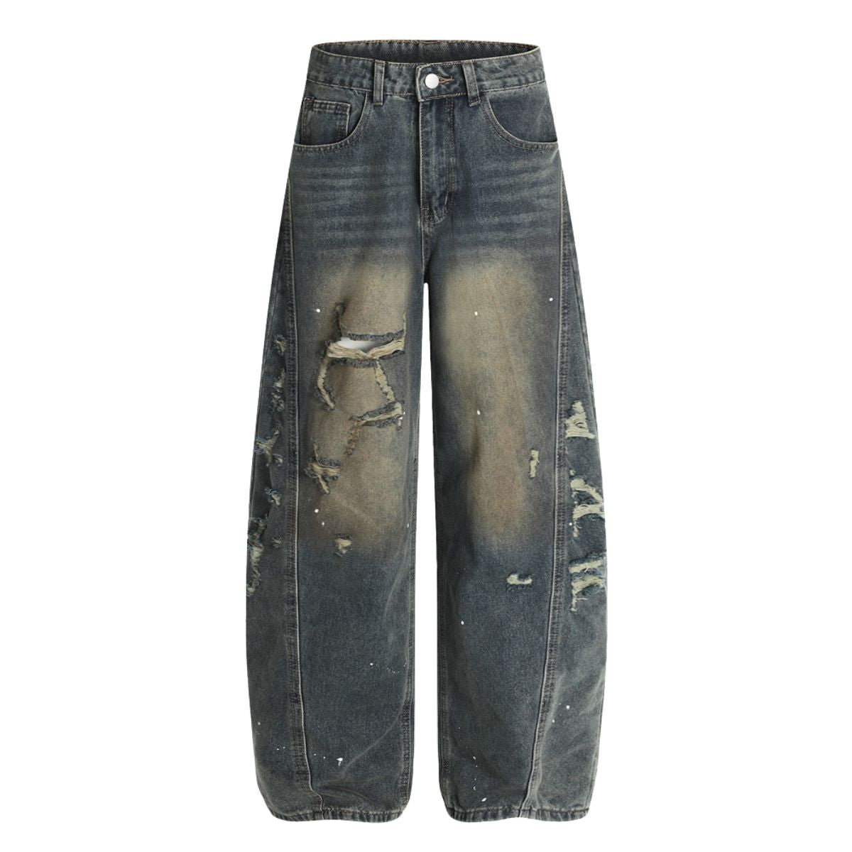 Men's Curved Denim Pants Wide Leg Distressed Paint Splatter Holes