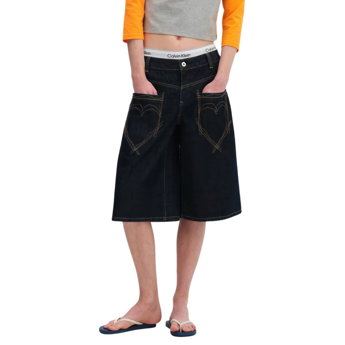 Raw Indigo Embroidered Pocket Denim Bermuda Shorts