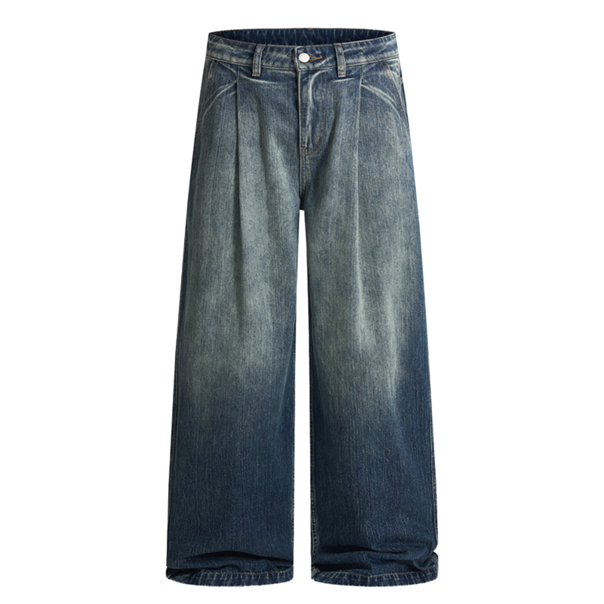 High Waist Pleated Wide Leg Vintage Wash Jeans