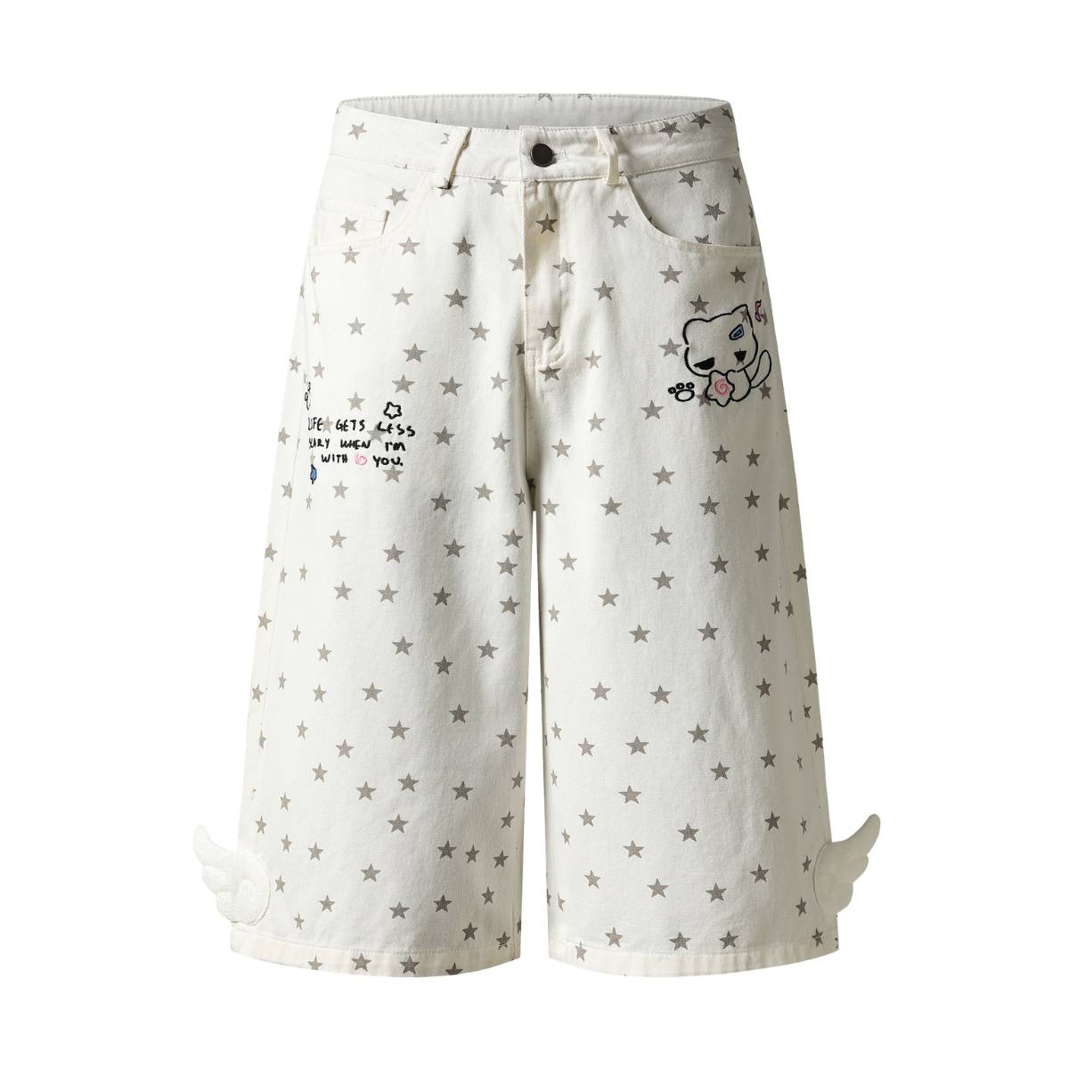 Washed Star Print Wing Detail Relaxed Wide-Leg Cropped Denim Pants