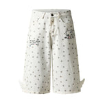 Washed Star Print Wing Detail Relaxed Wide-Leg Cropped Denim Pants