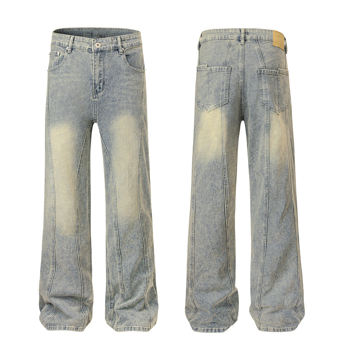 Muddy-Wash Faded Panel-Stitch Jeans