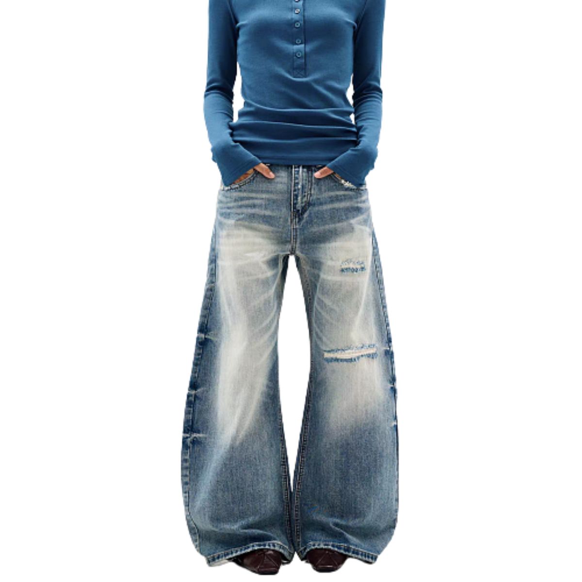 Washed Gradient Distressed Curved Leg Wide Denim Jeans