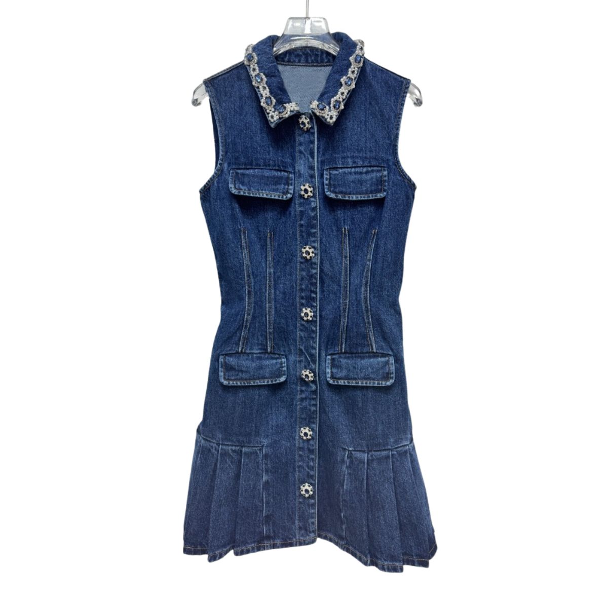 Sleeveless Beaded Denim Pleated Minidress