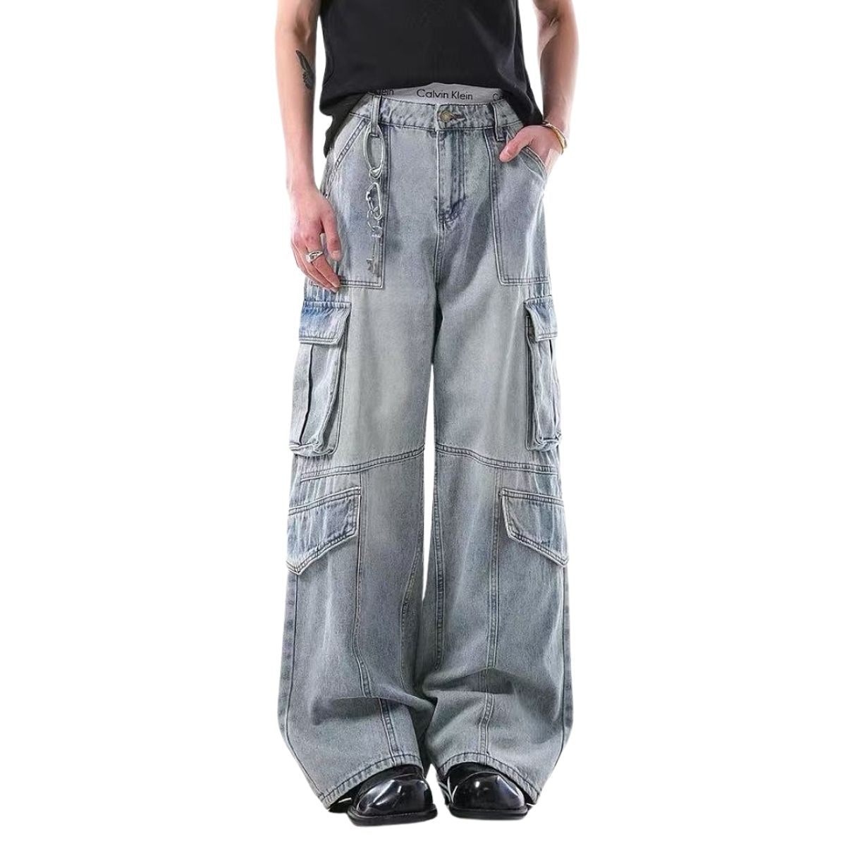 Vintage Wash Multi-Pocket Cargo Straight Leg Denim Jeans