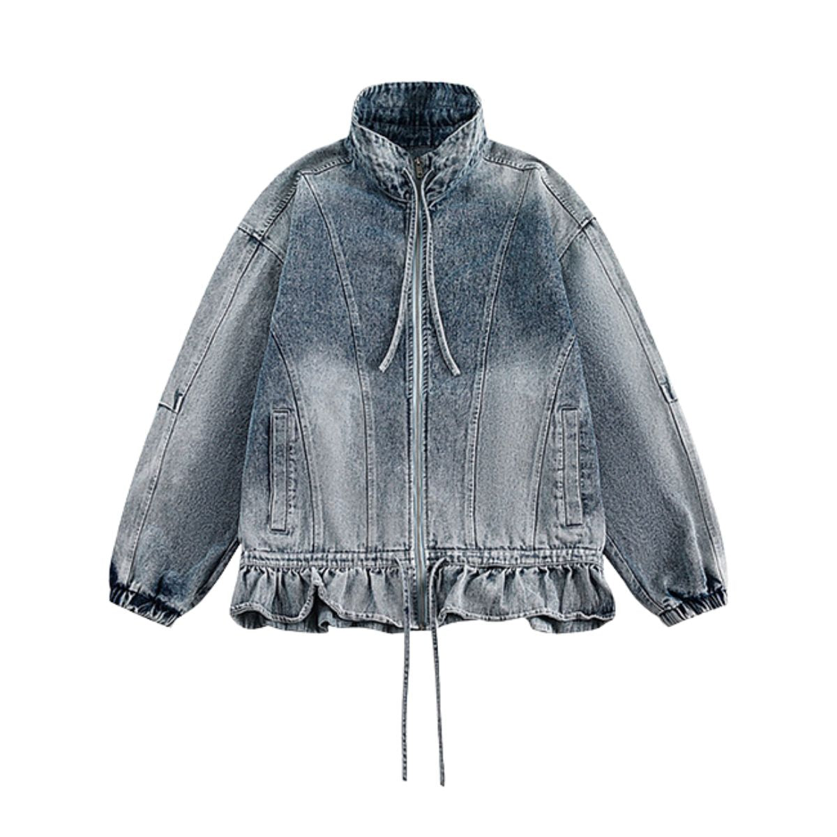 Heavyweight American Washed Distressed Denim Jacket with Flouncing