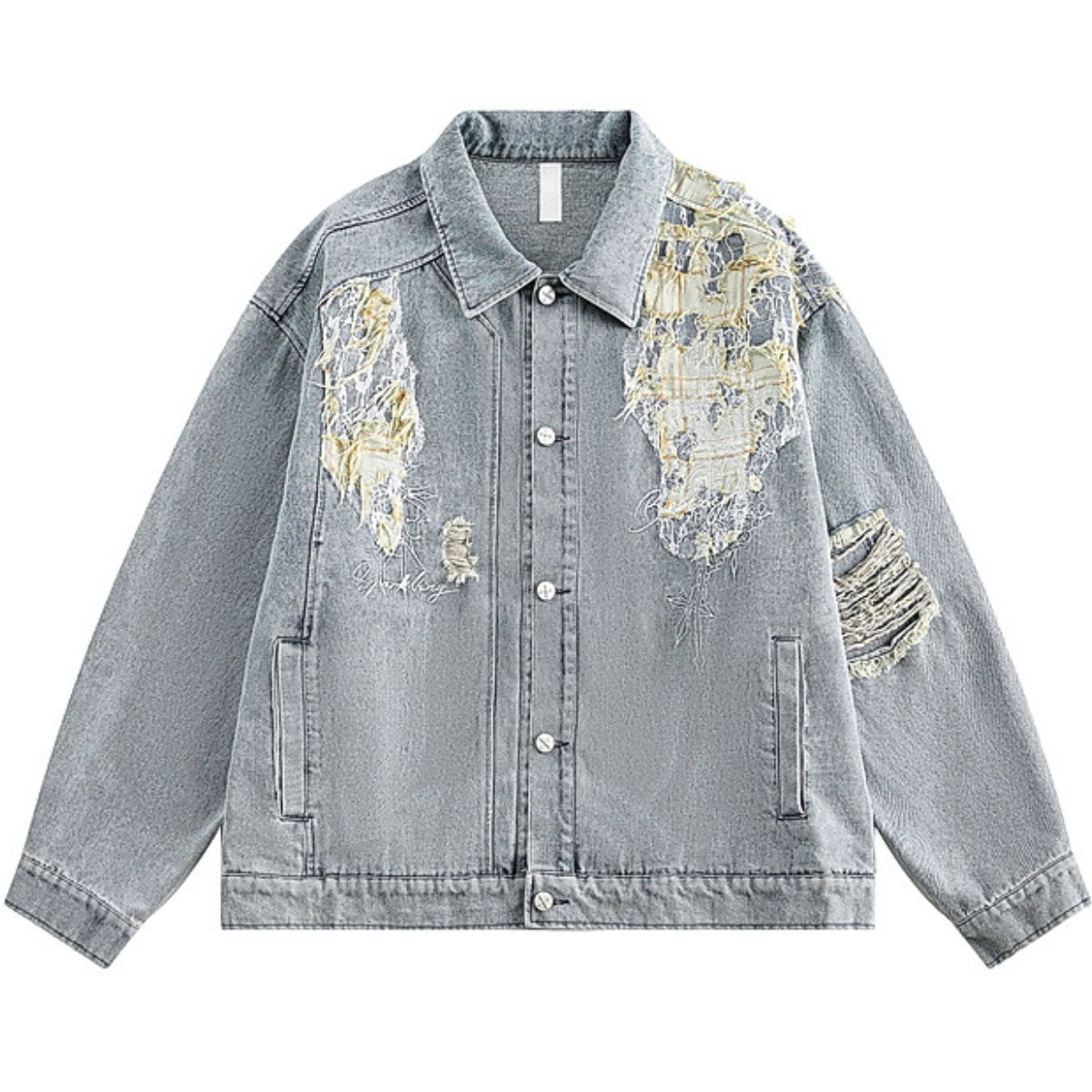 Loose-fitting Ripped Stitched Fashionable Washed Denim Jacket