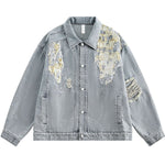 Loose-fitting Ripped Stitched Fashionable Washed Denim Jacket