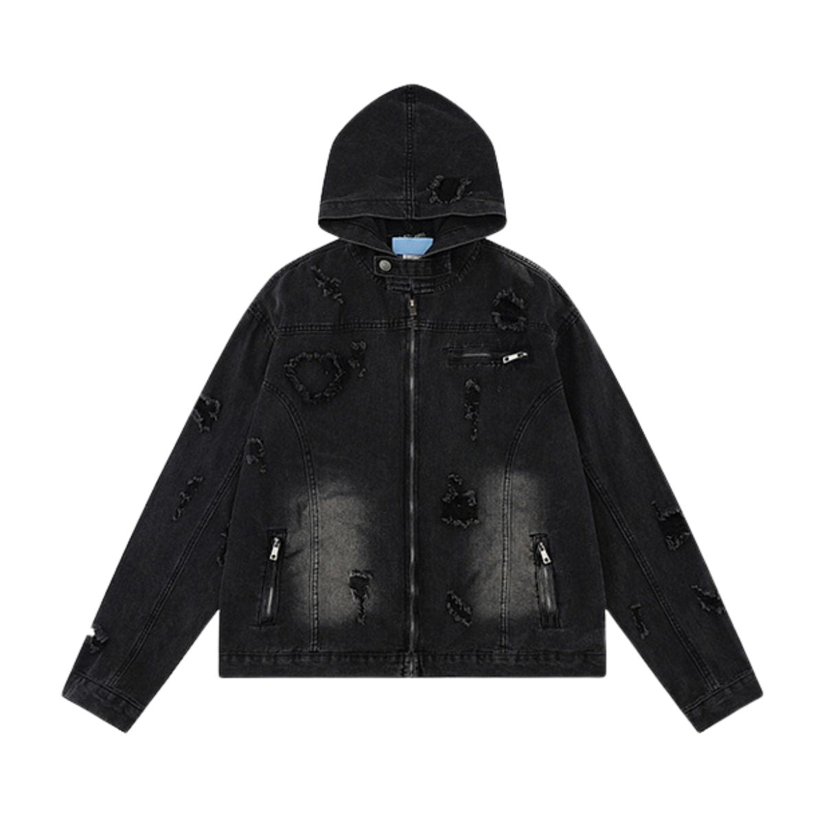 Unisex Retro Distressed Ripped Washed Denim Jacket with Hood