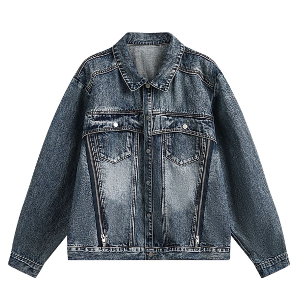 Zipper-embroidered Loose Retro Washed Denim Jacket