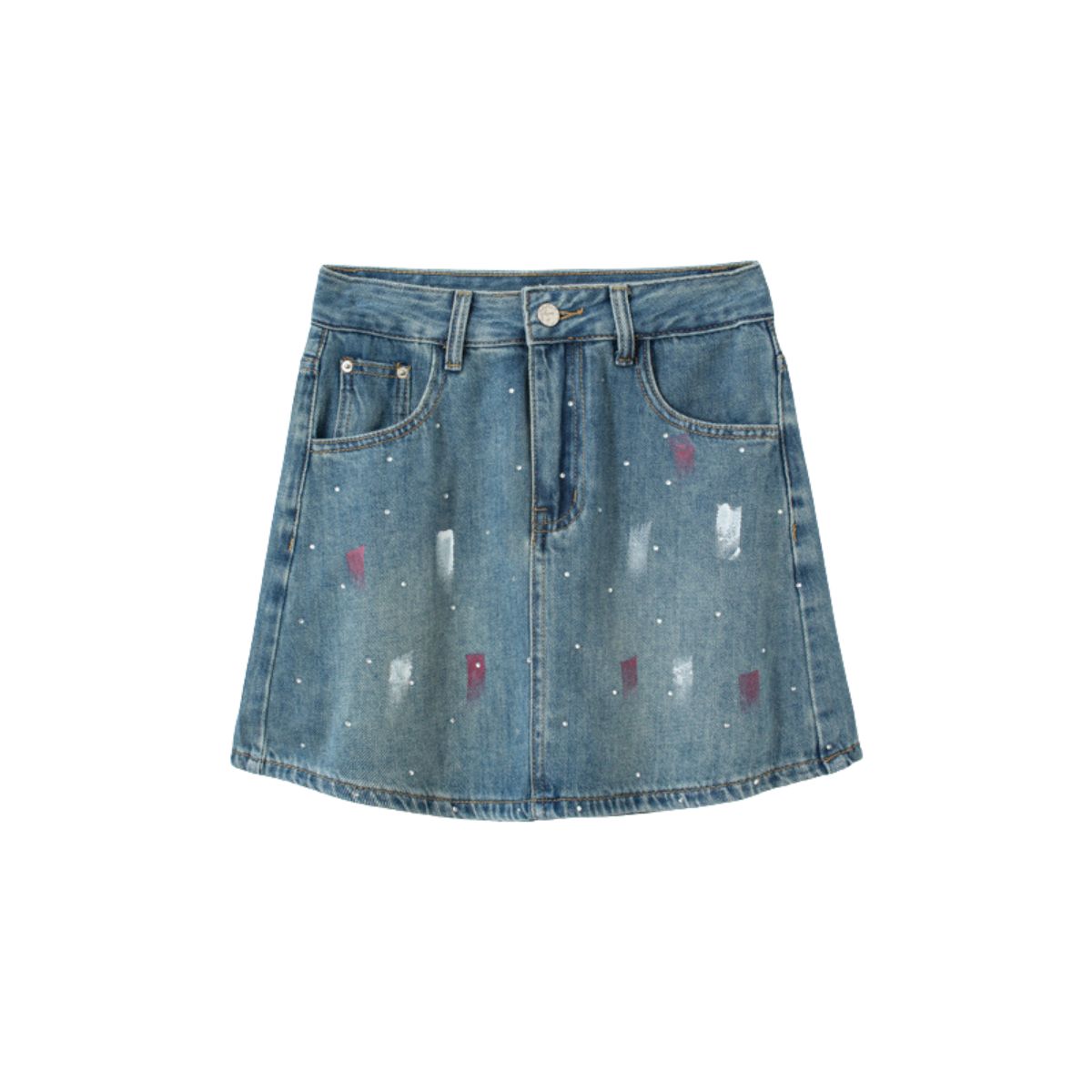 Rhinestone Embellished Paint-Splattered Mini Skirt