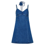 Strappy Denim Mini Dress with Rose Tie Neck