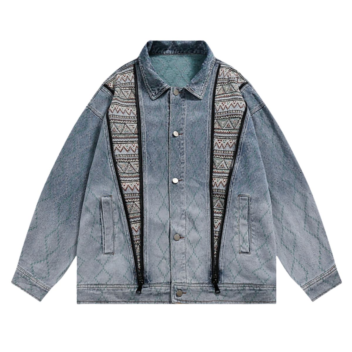 Zipper Design Chinese Ethnic Pattern Patchwork Denim Jacket