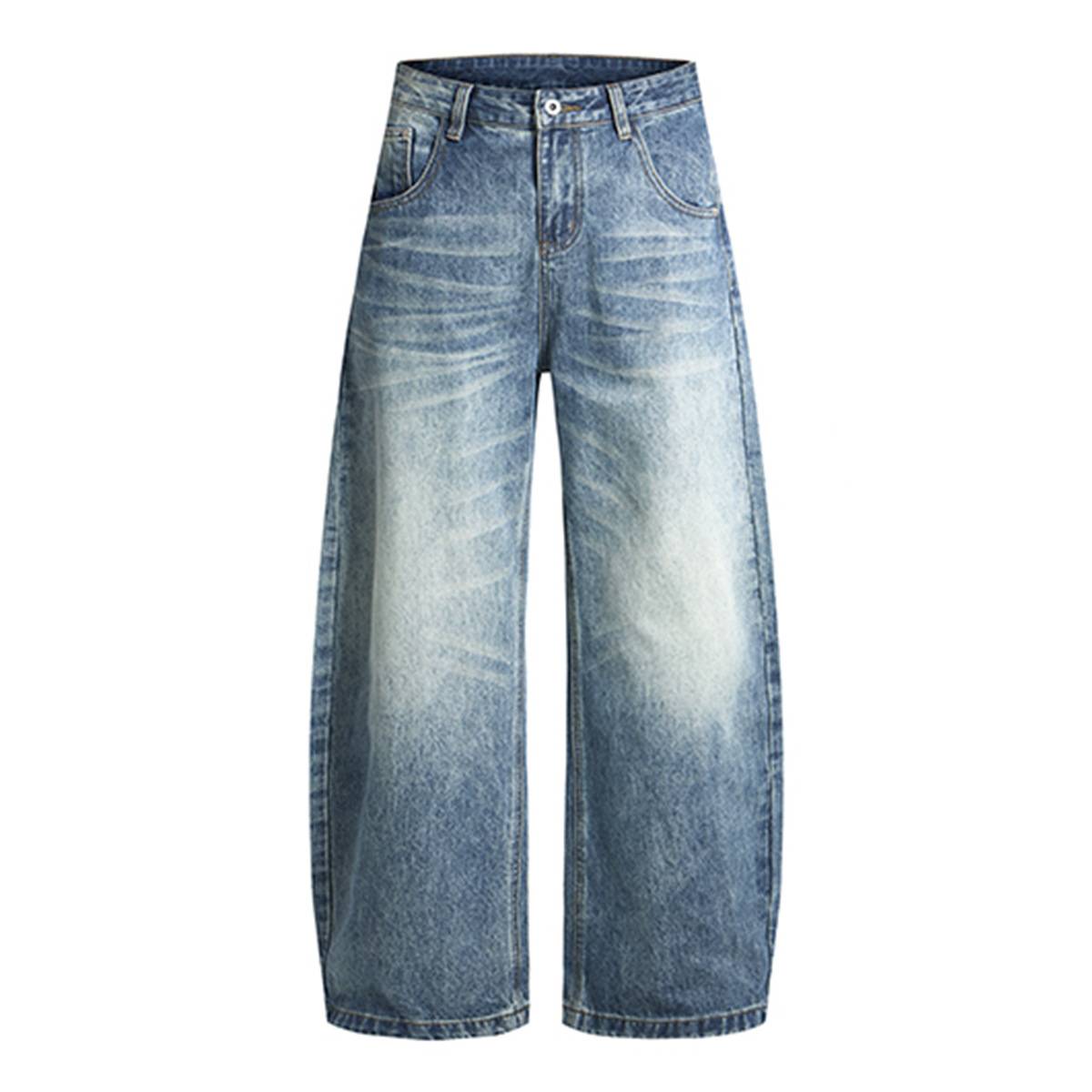 Vintage Whiskered Gradient Washed High Waist Barrel Wide Leg Denim Jeans