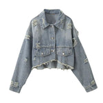 Asymmetrical Hem Cropped Ripped Denim Jacket