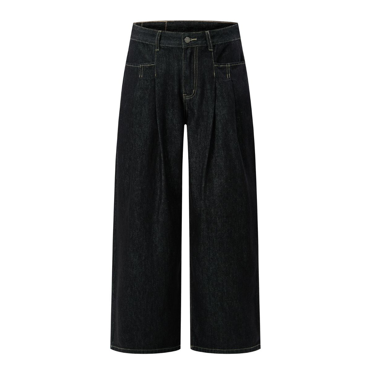 Creased Raw Denim Straight‑Leg Jeans