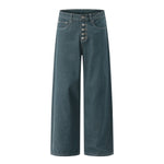 Raw Denim Jeans with Teal Multi‑Button Fly Design