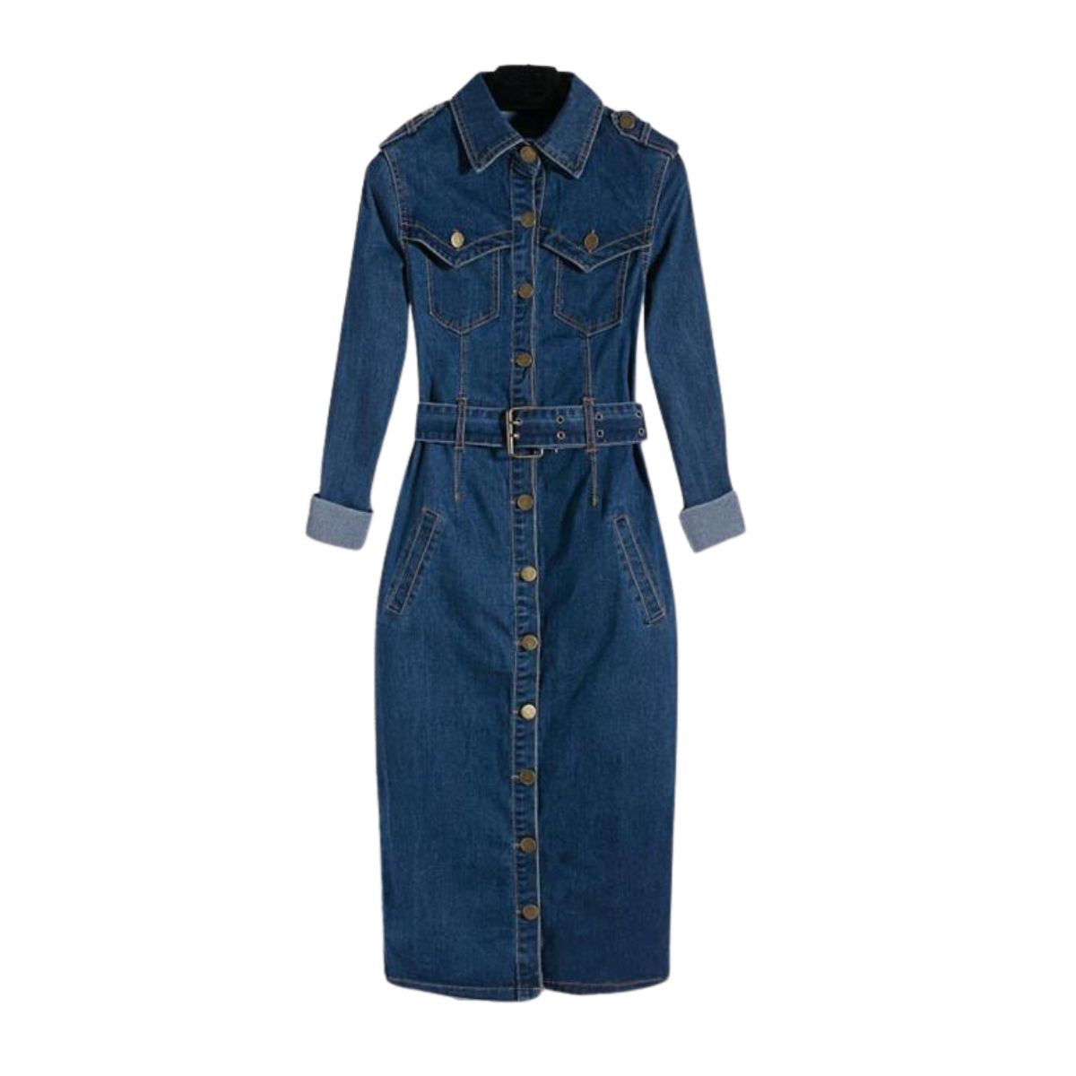 Long-Sleeve Button-Front Denim Midi Dress