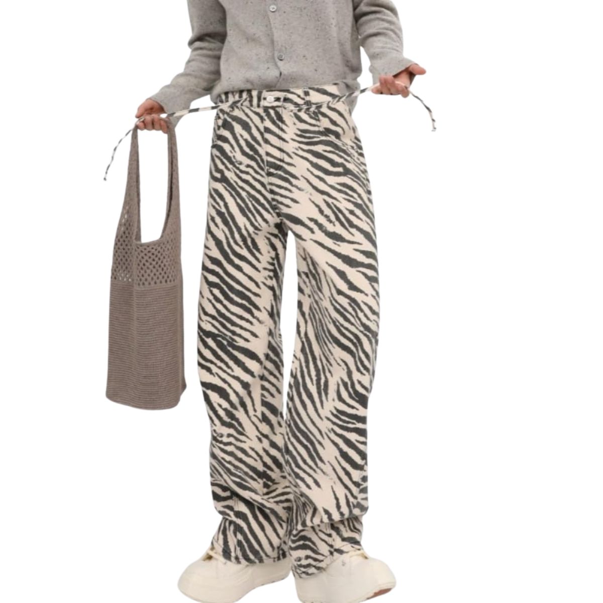 Y2K Style Zebra Stripe Print High Waist Drawstring Wide Leg Denim Jeans