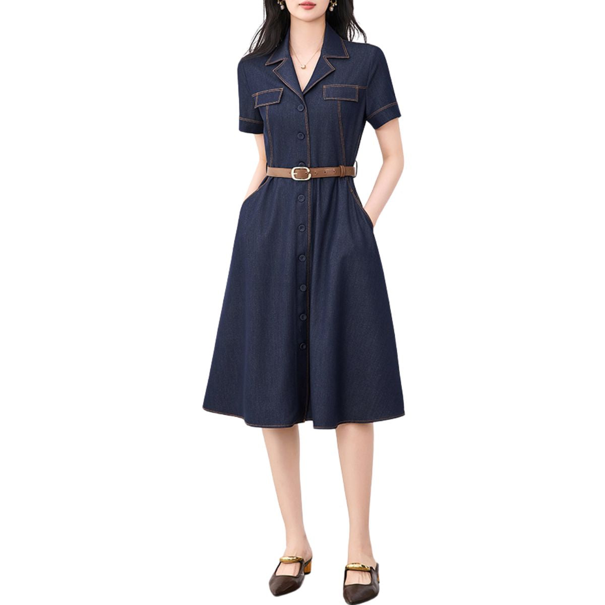 Short-Sleeve Belted Denim Knee-Length Shirtdress