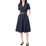 Short-Sleeve Belted Denim Knee-Length Shirtdress