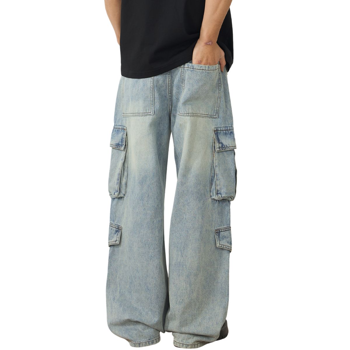 Wide-Leg Denim Cargo Trousers