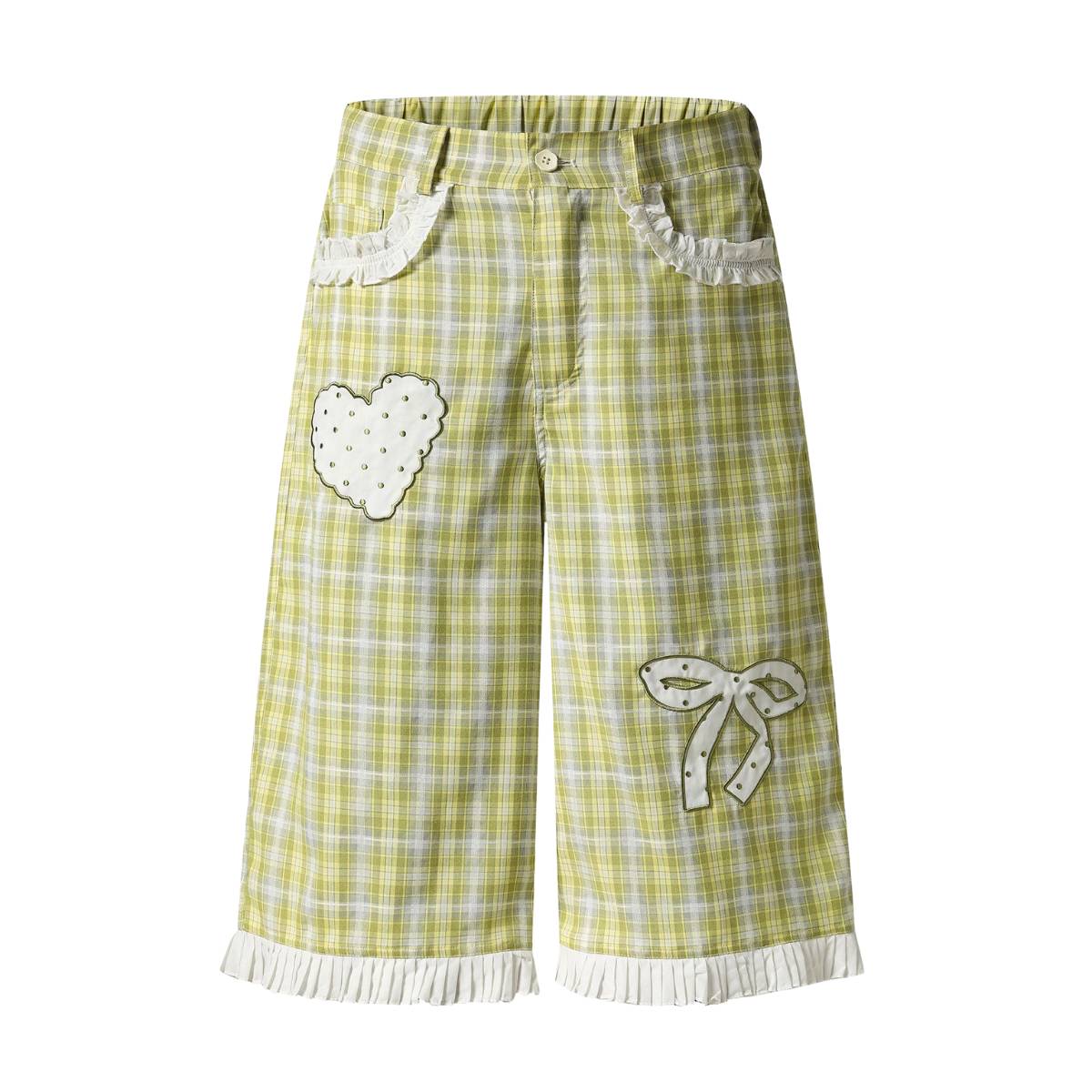 Washed Plaid Graphic Patchwork Bow Detail Relaxed Wide-Leg Capri Denim Pants