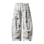 Vintage Wash Star Pattern Baggy Straight Leg Cargo Jeans