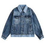 Unisex Retro Blue Petite Loose Plaid Collar Denim Jacket