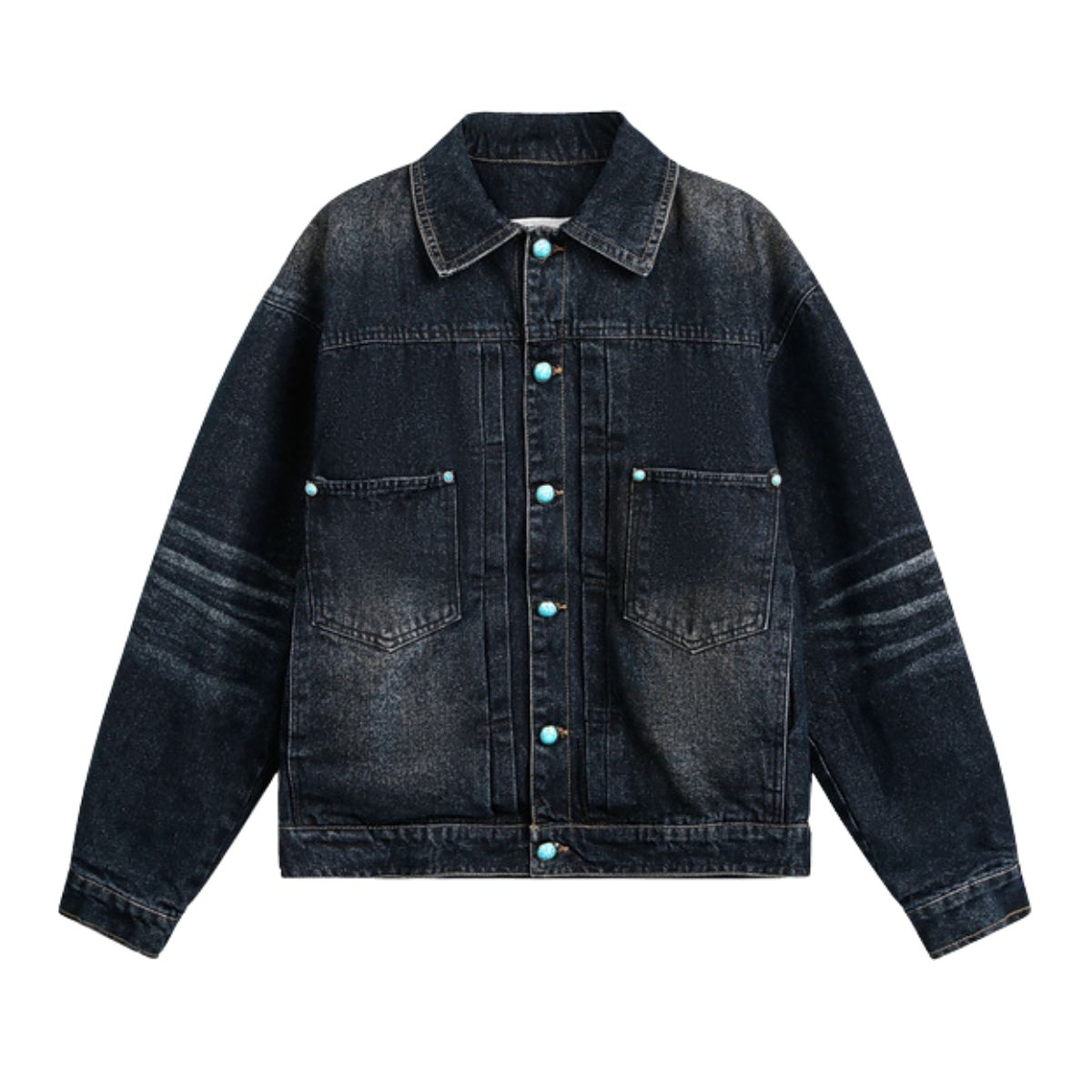 Original Sapphire Turquoise Button Retro Street Loose Washed Distressed Denim Jacket