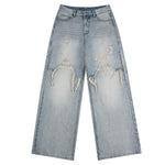 High Street Baggy Wide Leg Distressed Patchwork Denim Jeans