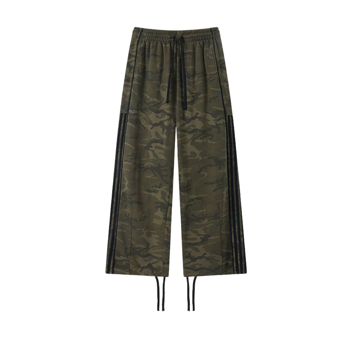 Heavyweight Camouflage Stripe Patchwork Drawstring Straight Leg Sweatpants