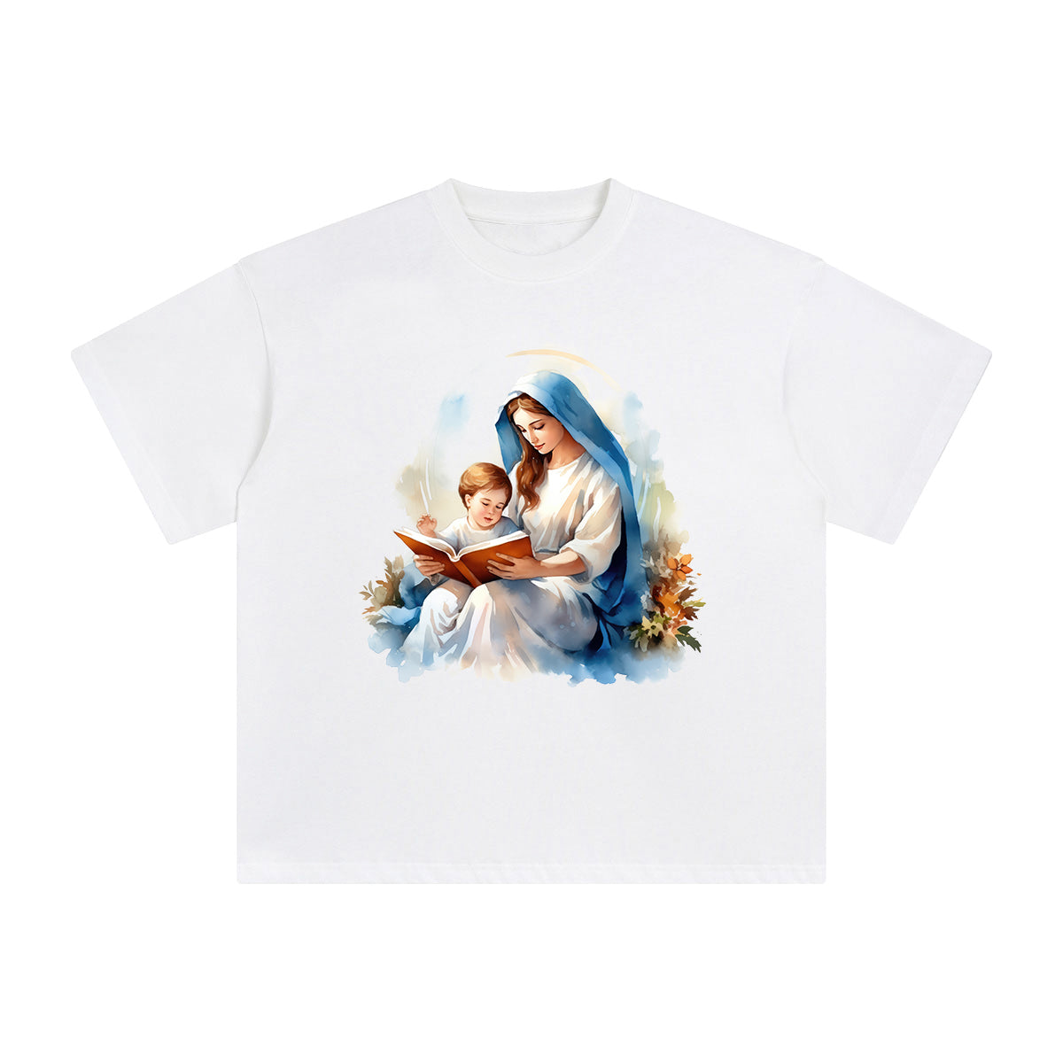 Mother Mary and Jesus Reading Book Graphic Tee-INNBLAC Fashion Apparel