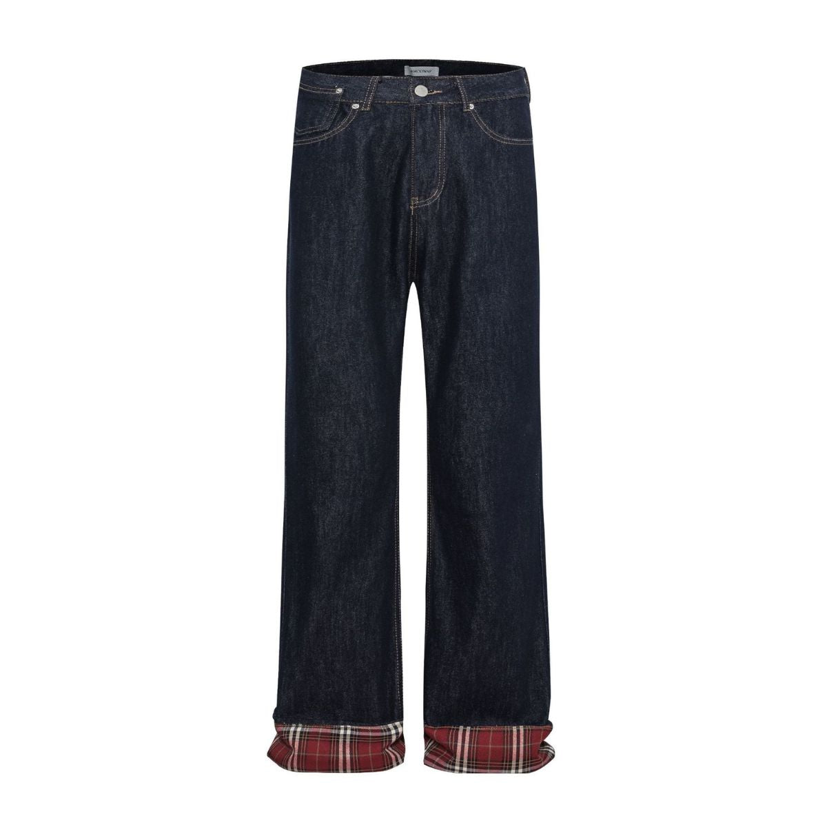 Vintage Raw Denim Red Plaid Panel Flare Jeans