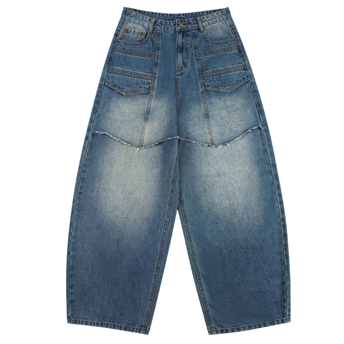 Vintage Wash Faux Layered Baggy Curved Leg Denim Jeans