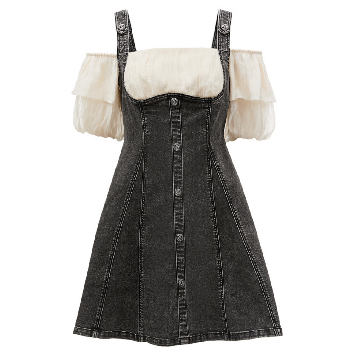 Puff Sleeves Button Front Denim Mini Dress