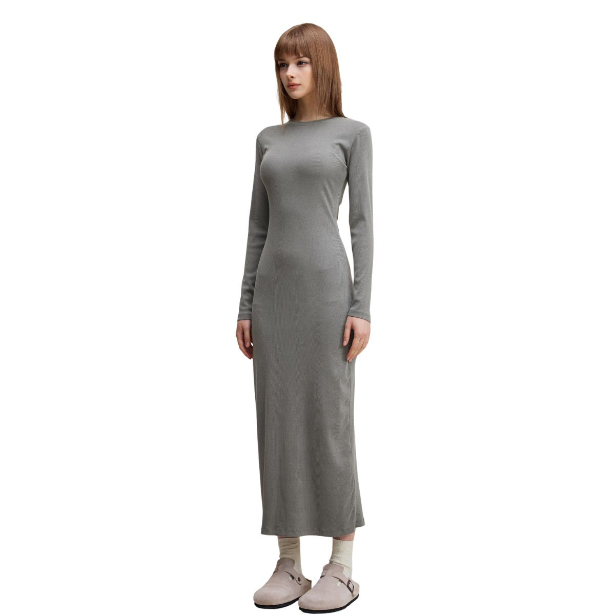 Slim Fit Long Sleeves Ribbed Midi Dress