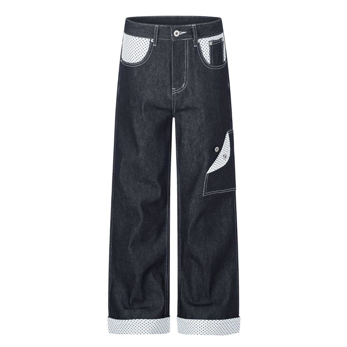Paneled Pocket Decor Relaxed Raw Denim Jeans