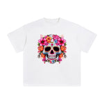 Pink Sugar Skull Flower Graphic Tee-INNBLAC Fashion Apparel