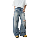Distressed Curved Leg Wide Fit Denim Jeans