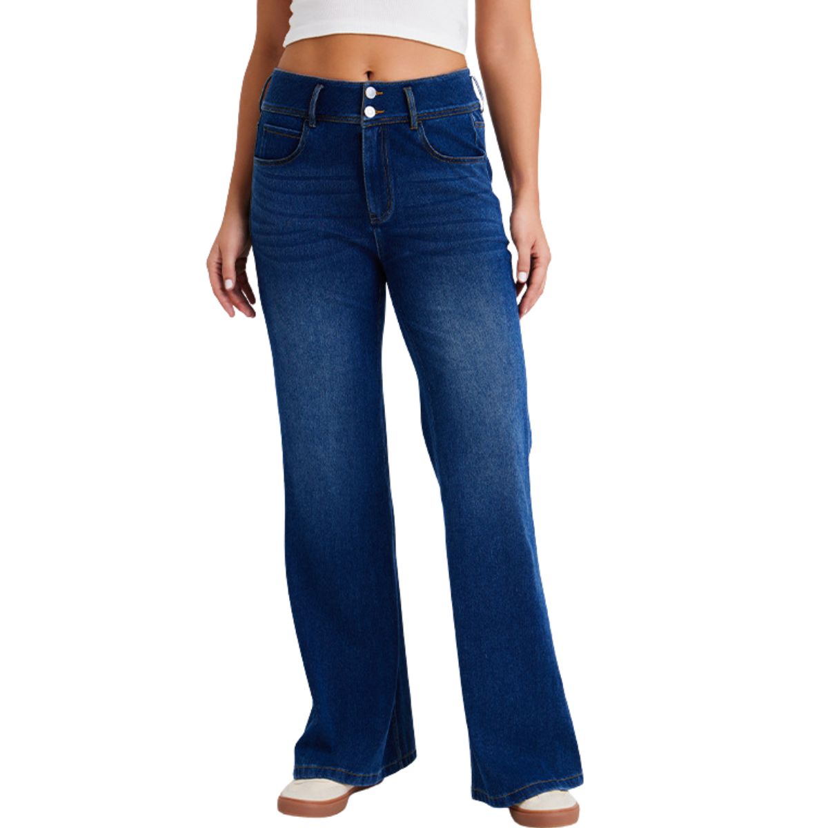 Mid-Rise Washed Knit Denim Flare Jeans