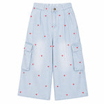 Heart Embroidery Striped Cargo Denim Capri Shorts