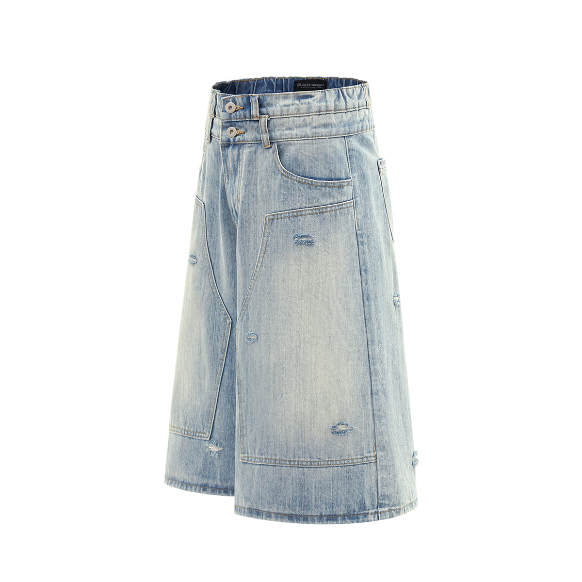 Double Waistband Distressed Denim Bermuda Shorts