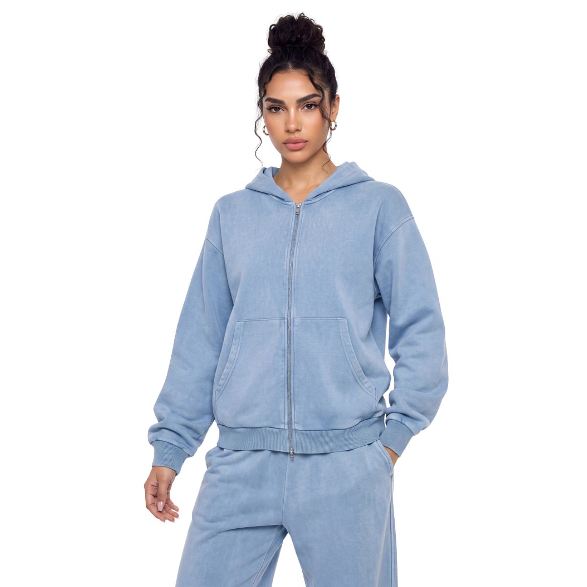 French Terry Washed Distressed Double‑Zip Hoodie