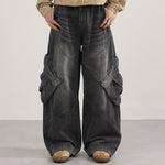 Cargo Wide Leg Distressed Wash Denim Jeans