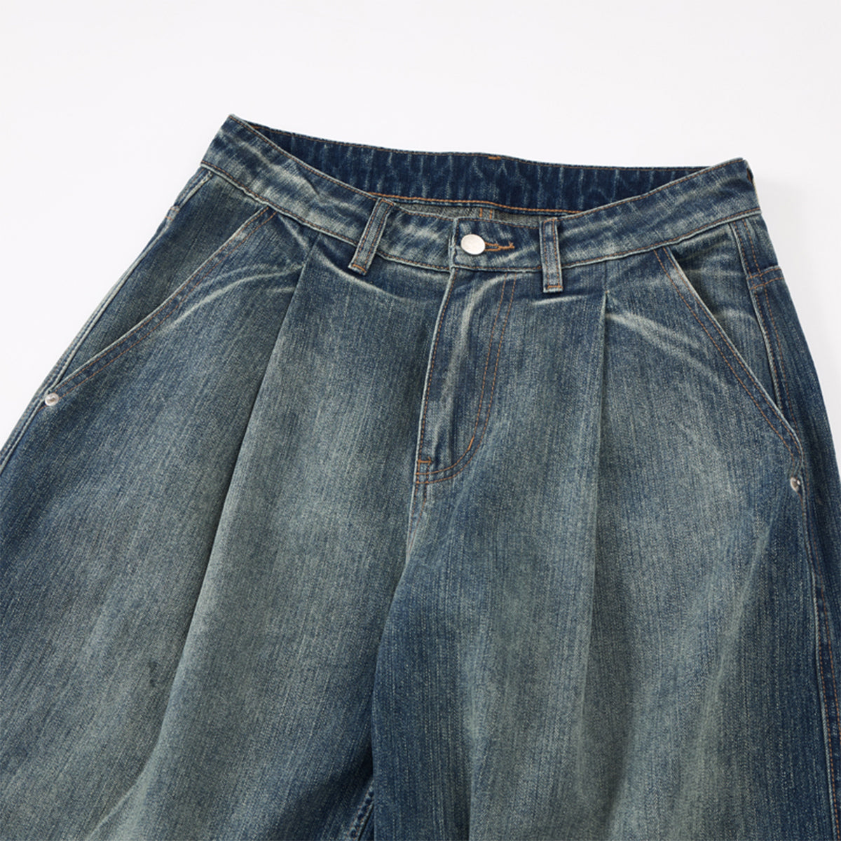 High Waist Pleated Wide Leg Vintage Wash Jeans